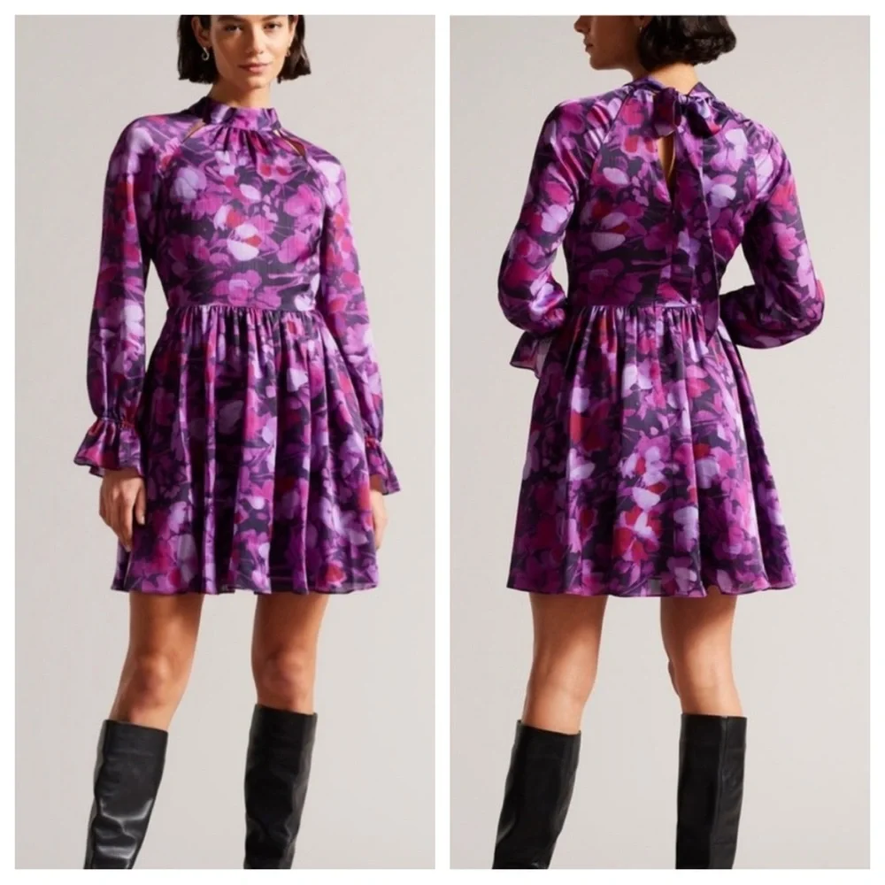 NWT Ted Baker Sammieh Purple Floral Long Sleeve Keyhole High Neck Flare Dress